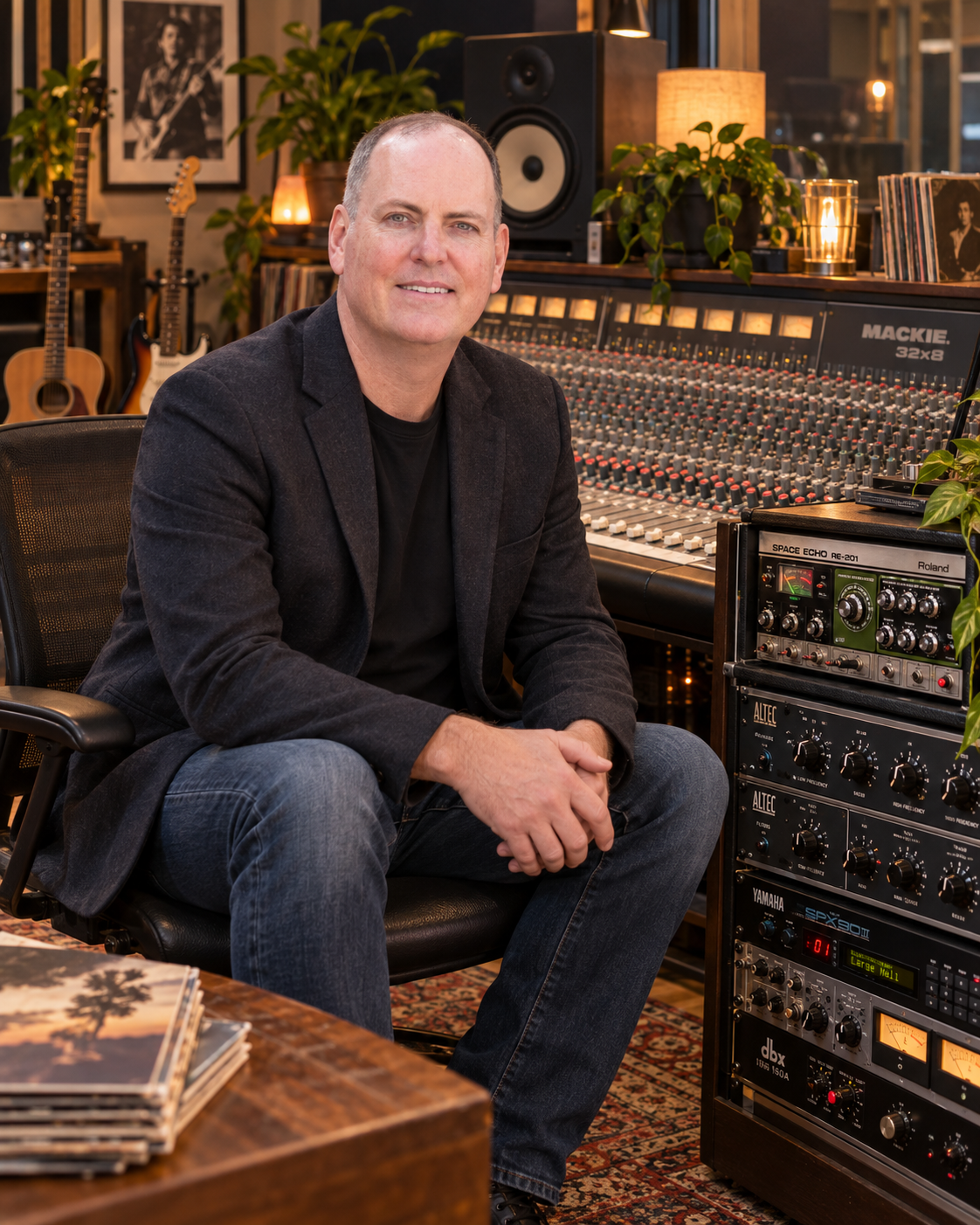Thomas Connors seated in a recording studio